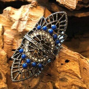 Long Blue/Gunmetal Deco Inspired Ring 6.5